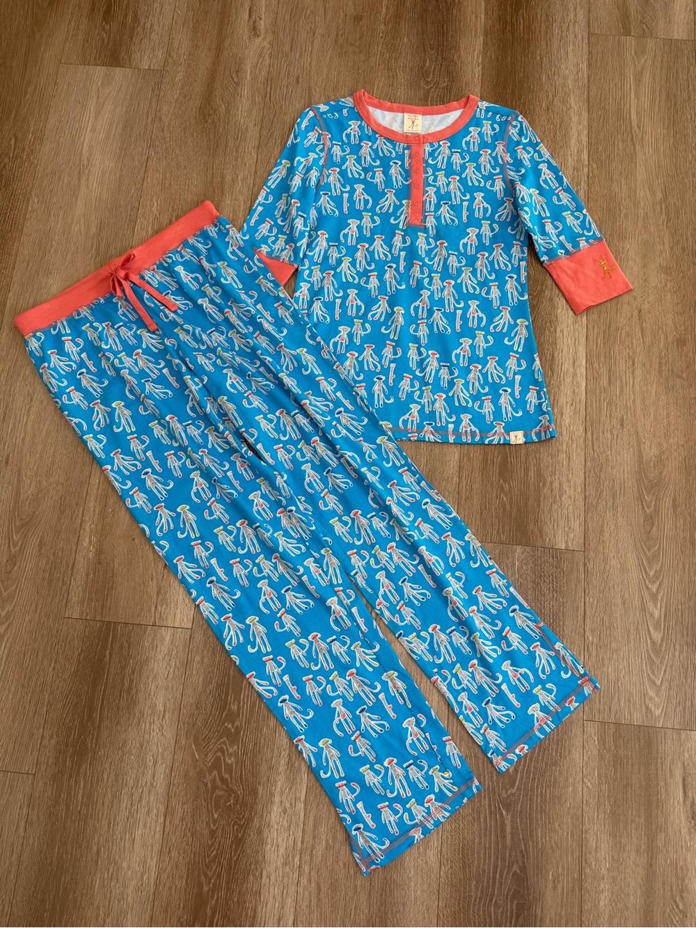 Munki Munki Pajama Set Novelty Monkey Print Blue Coral Size Medium - Picture 13 of 13